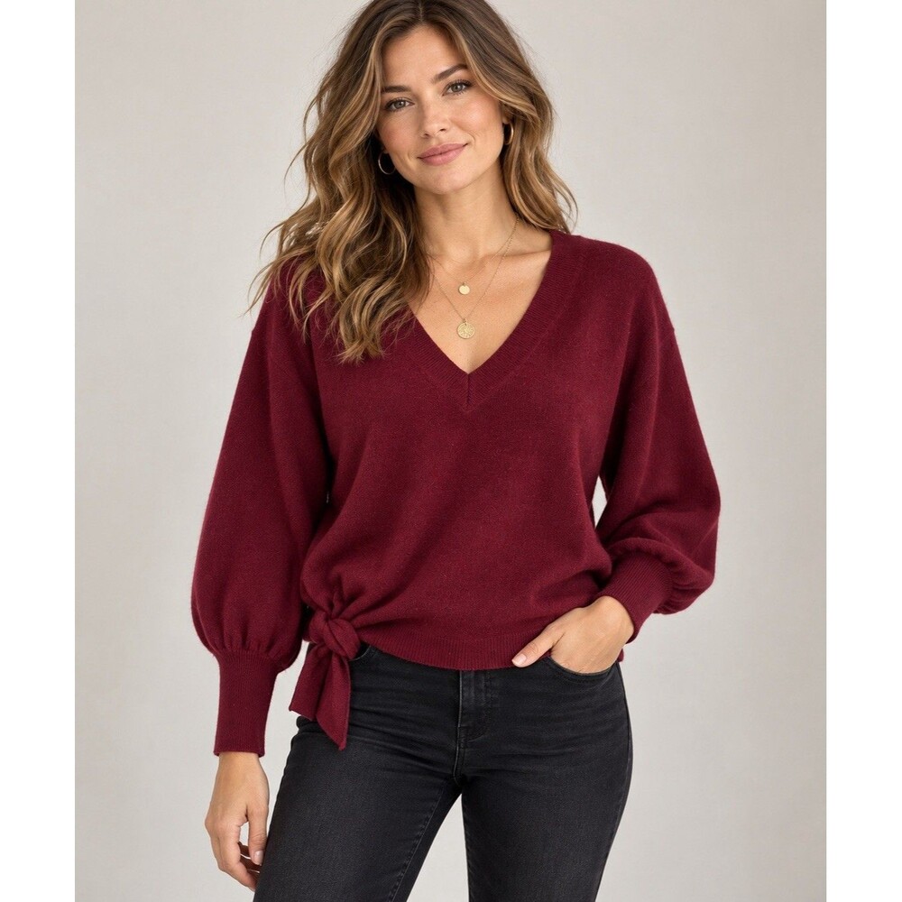 Elie Tahari Wool Cashmere Blend Pullover Sweater Small Burgundy Side Tie V-Neck